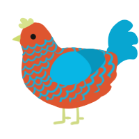 A vermilion and cerulean chicken with a lace pattern