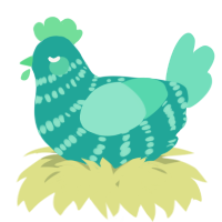A turquoise and mint chicken with a bar pattern