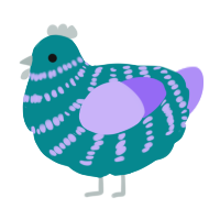 A teal and lilac chicken with a bar pattern