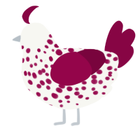 A white and maroon chicken with a speckle pattern
