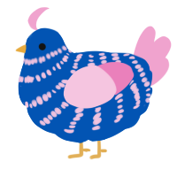 A ultramarine and pink chicken with a bar pattern
