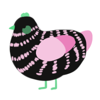 A black and pink chicken with a bar pattern