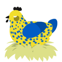 A yellow and ultramarine chicken with a speckle pattern