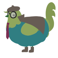 A teal and chartreuse chicken with a head pattern