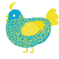 A cerulean and yellow chicken with a double-lace pattern