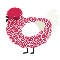 A crimson and white chicken with a double-lace pattern