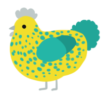 A yellow and turquoise chicken with a speckle pattern