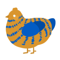 A orange and ultramarine chicken with a bar pattern