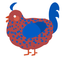 A red and ultramarine chicken with a speckle pattern