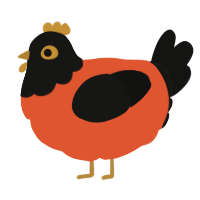 A vermilion and black chicken with a head pattern