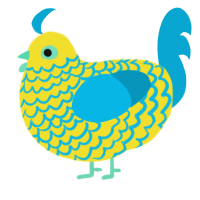A yellow and cerulean chicken with a lace pattern