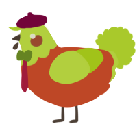 A vermilion and lime chicken with a head pattern