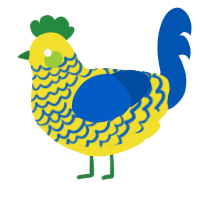 A yellow and ultramarine chicken with a lace pattern