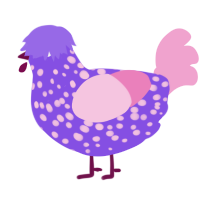 A blurple and pink chicken with a speckle pattern