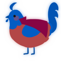 A red and ultramarine chicken with a head pattern