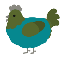 A teal and olive chicken with a head pattern
