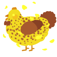 A lime and violet chicken with a speckle pattern