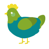 A teal and chartreuse chicken with a head pattern