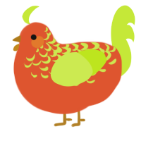 A vermilion and lime chicken with a half-lace pattern