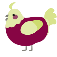 A maroon and lemon chicken with a head pattern