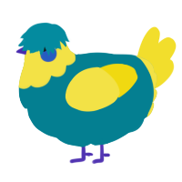 A sea and yellow chicken with a head pattern