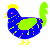 A blurple and olive chicken with a bar pattern