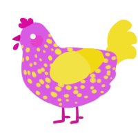 A orchid and yellow chicken with a speckle pattern