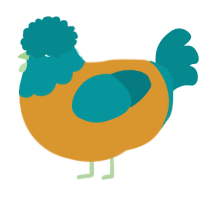 A orange and teal chicken with a head pattern