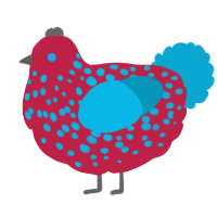 A crimson and cerulean chicken with a speckle pattern