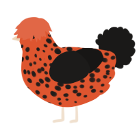 A vermilion and sable chicken with a speckle pattern