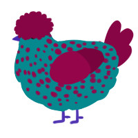 A teal and maroon chicken with a speckle pattern