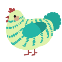 A apple and turquoise chicken with a bar pattern