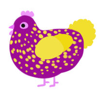 A plum and yellow chicken with a speckle pattern