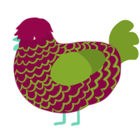 A maroon and chartreuse chicken with a lace pattern