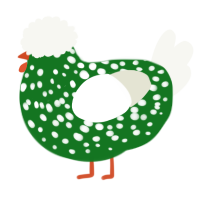 A leaf and white chicken with a speckle pattern