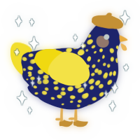 A navy and yellow chicken with a speckle pattern
