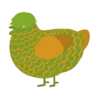 A chartreuse and ochre chicken with a lace pattern