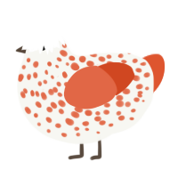 candy corn, a white and vermilion chicken with a speckle pattern