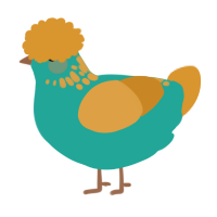 A turquoise and orange chicken with a neck-speckle pattern
