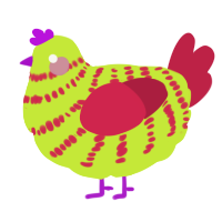 A lime and crimson chicken with a bar pattern