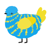 A sky and yellow chicken with a bar pattern