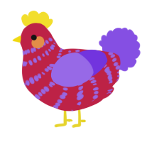 A crimson and blurple chicken with a bar pattern