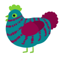 A teal and maroon chicken with a bar pattern