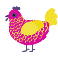 A fuchsia and yellow chicken with a lace pattern