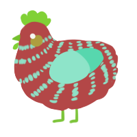 A red and mint chicken with a bar pattern