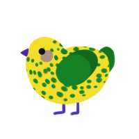 Green bananana, a yellow and leaf chicken with a speckle pattern