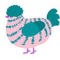 A rose and teal chicken with a bar pattern