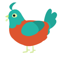 A vermilion and turquoise chicken with a head pattern