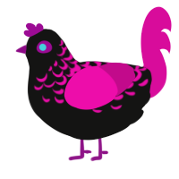 Shiny, a black and fuchsia chicken with a half-lace pattern