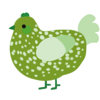 A chartreuse and gluppy chicken with a speckle pattern